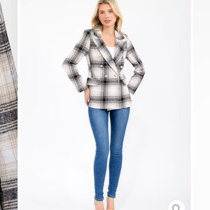 Plaid Double-Breasted Blazer Jacket - Cream & Black